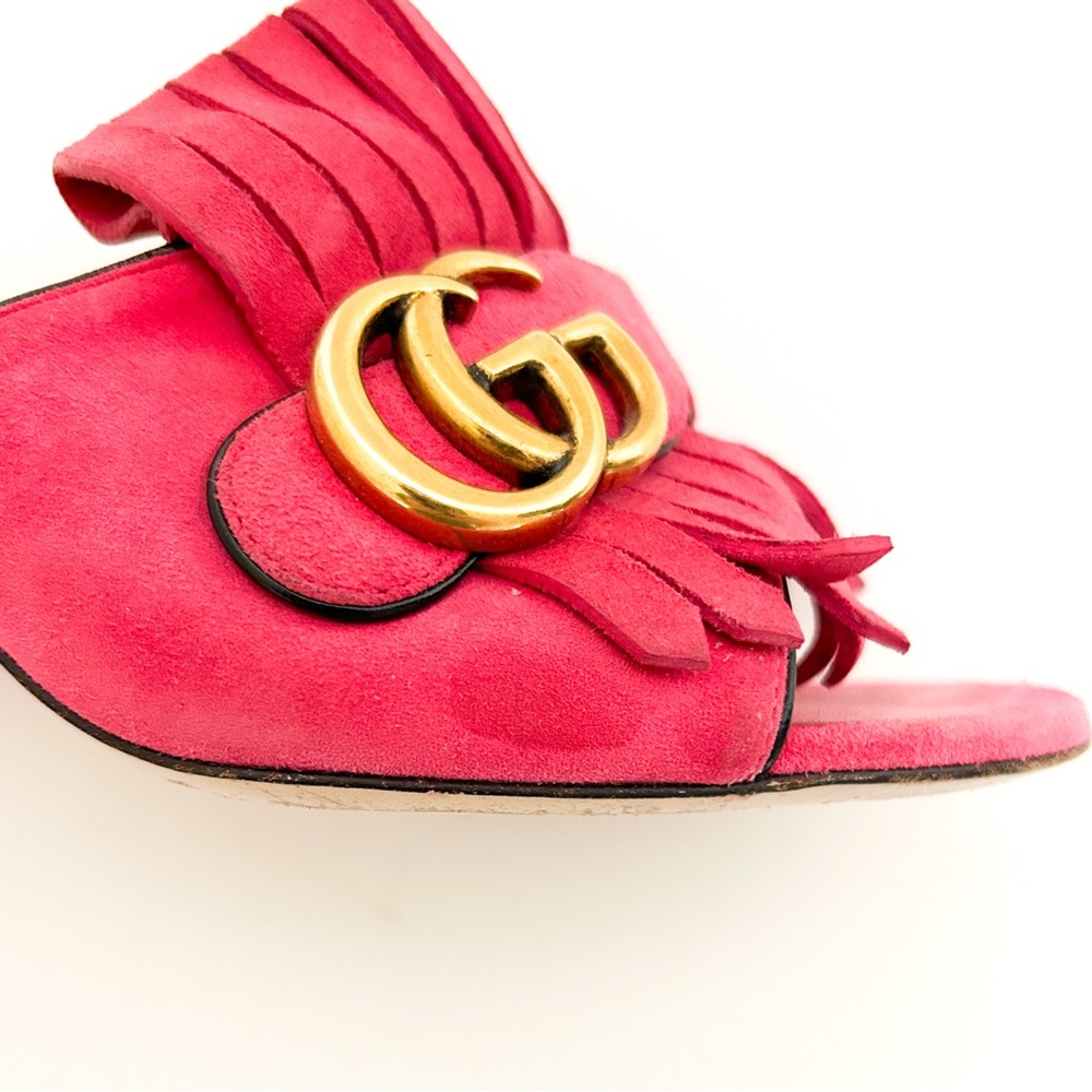 Gucci Marmont GG Logo Hot Pink Red Suede Fringed High Heeled Mules Slides 37.5 - Picture 9 of 12